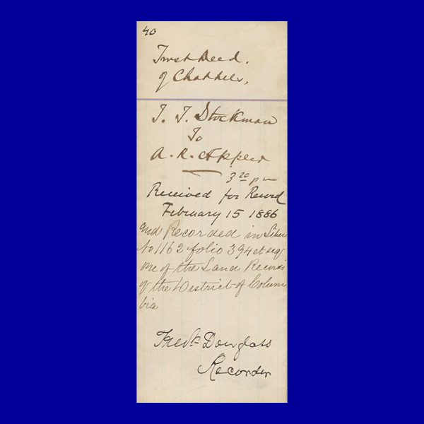 Frederick Douglass, Endorsement, Signed as Recorder of Deeds Abraham