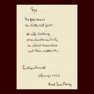 Carl Sandburg, Autograph Poem, Fog, Signed
